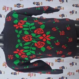 Vintage G.F.C. New York chunky knit black w red roses med Women's sweater